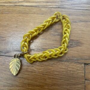 $3 BUNDLE ITEM! Yellow Rubber Band Bracelet with Gold Leaf Charm Women's Fashion
